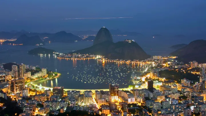Aerial view of Rio de Janeiro nightlife with vibrant city lights