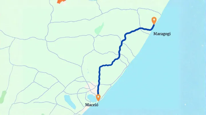 Vista panor&acirc;mica da dist&acirc;ncia entre Macei&oacute; e Maragogi com paisagens deslumbrantes