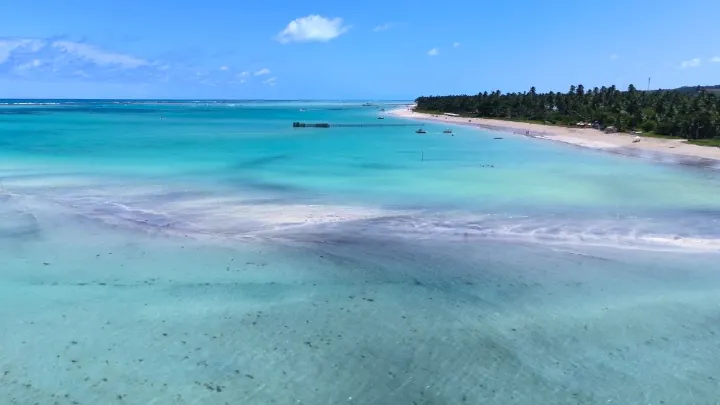 Vista panor&acirc;mica de mar&eacute; baixa em Maragogi, destacando piscinas naturais.