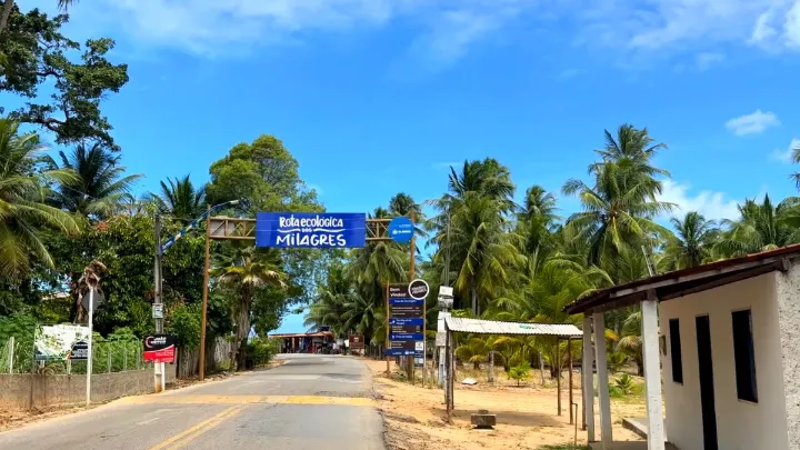 Paisagem costeira de S&atilde;o Miguel dos Milagres com praia e mar esverdeado