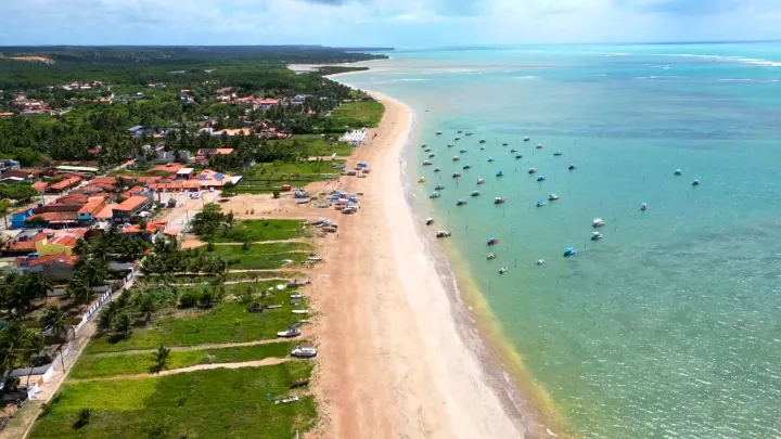 Vista das praias de S&atilde;o Miguel dos Milagres com &aacute;guas esverdeadas e coqueiros
