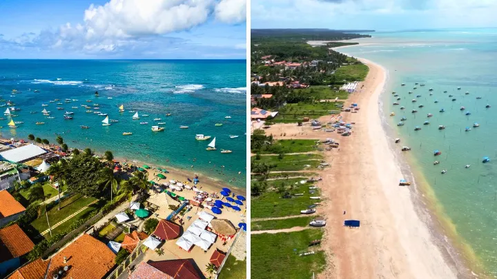 Vista panor&acirc;mica de Porto de Galinhas com coqueiros e mar esverdeado