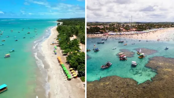 Vista panor&acirc;mica de S&atilde;o Miguel dos Milagres com areia branca e mar azul